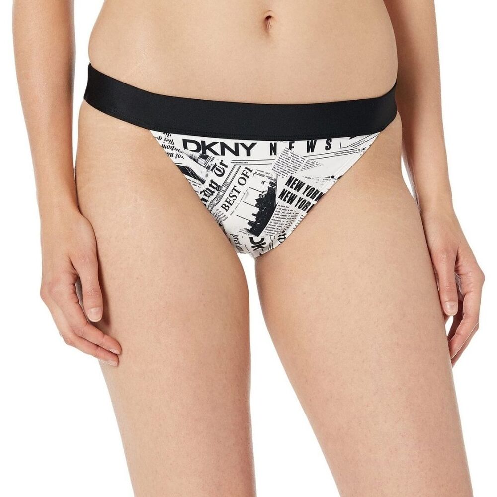 DKNY Bikini Bottoms MEDIUM Black White Logo Newsprint Hipster NWOT